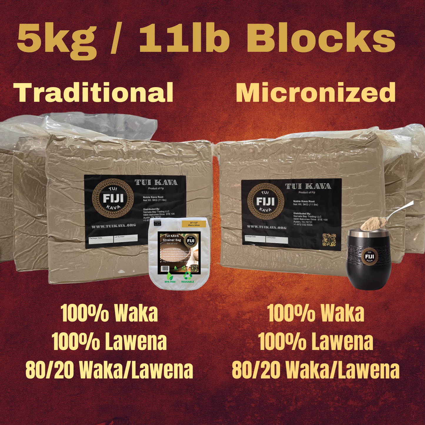 TUI KAVA 100% WAKA TRADITIONAL POUNDED Kava - 5kg (11 lb) Medium Grind