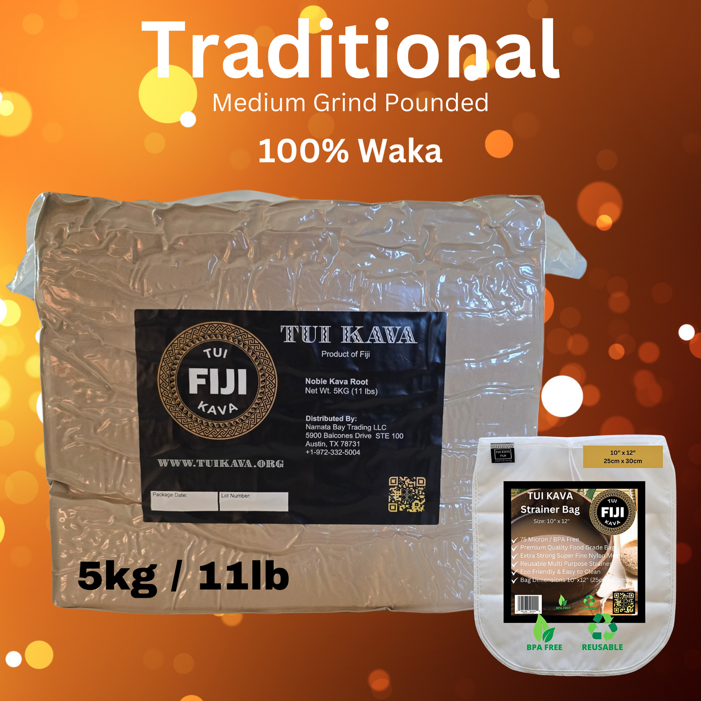 TUI KAVA 100% WAKA TRADITIONAL POUNDED Kava - 5kg (11 lb) Medium Grind